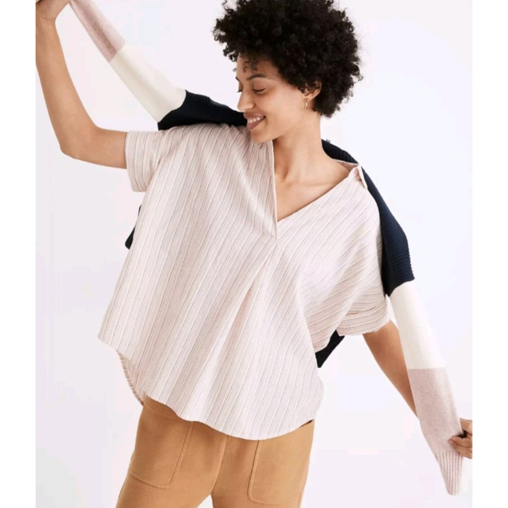 Madewell Women's S Courier Button-Back Shirt in Brampton Stripe Short Sleeve Top